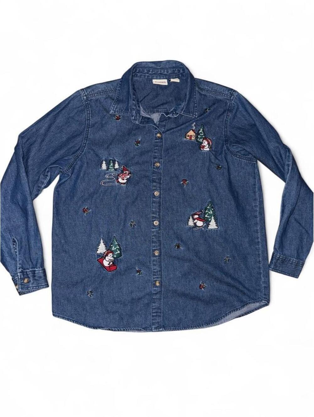 Classic Elements Women's Blue button down embroidered Shirt sz L winter snowmen